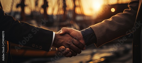 A man's wrist adorned with stylish clothing meets another's in a powerful outdoor handshake, showcasing the strength and connection between two individuals photo