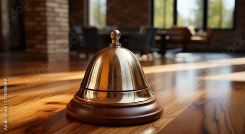 A rustic wooden table sits quietly in the corner of an indoor room, a small bell resting atop its surface, ready to ring with a gentle touch photo