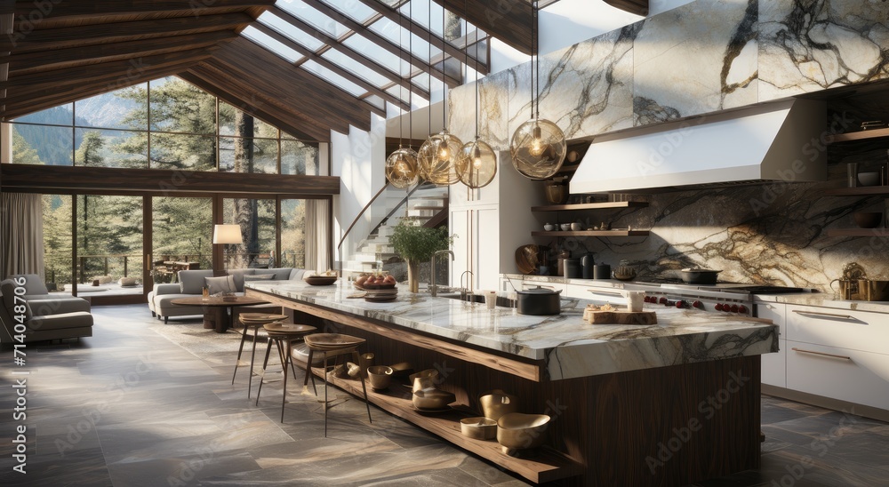 A stunningly modern kitchen boasts a spacious island, natural daylighting through a large window, and elegant furniture including a sleek coffee table and statement vase