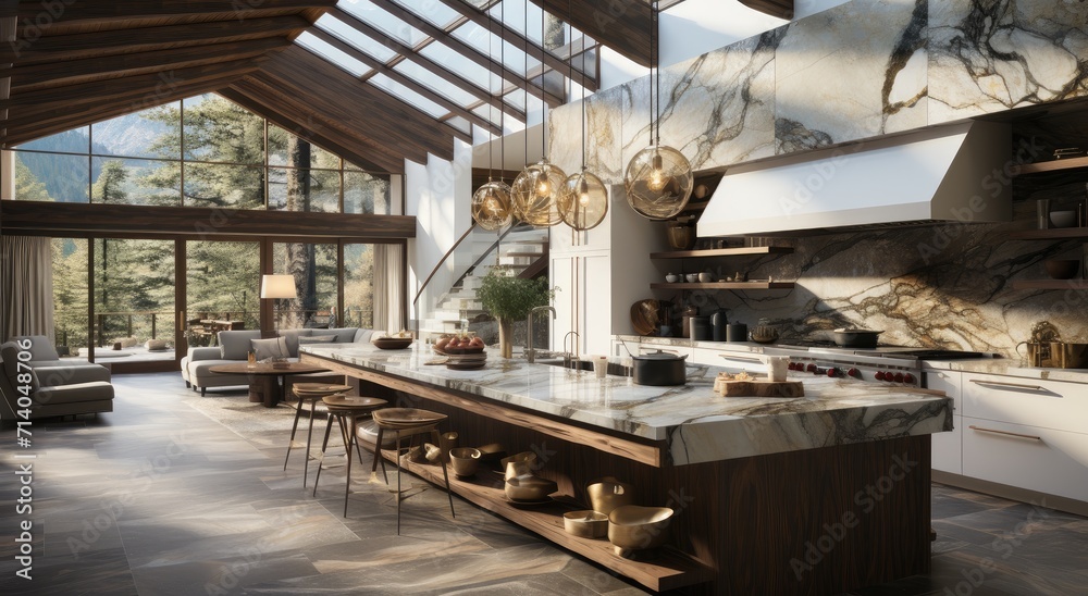 A stunningly modern kitchen boasts a spacious island, natural daylighting through a large window, and elegant furniture including a sleek coffee table and statement vase A stunningly modern kitchen boasts a spacious island, natural daylighting through a large window, and elegant furniture including a sleek coffee table and statement vase