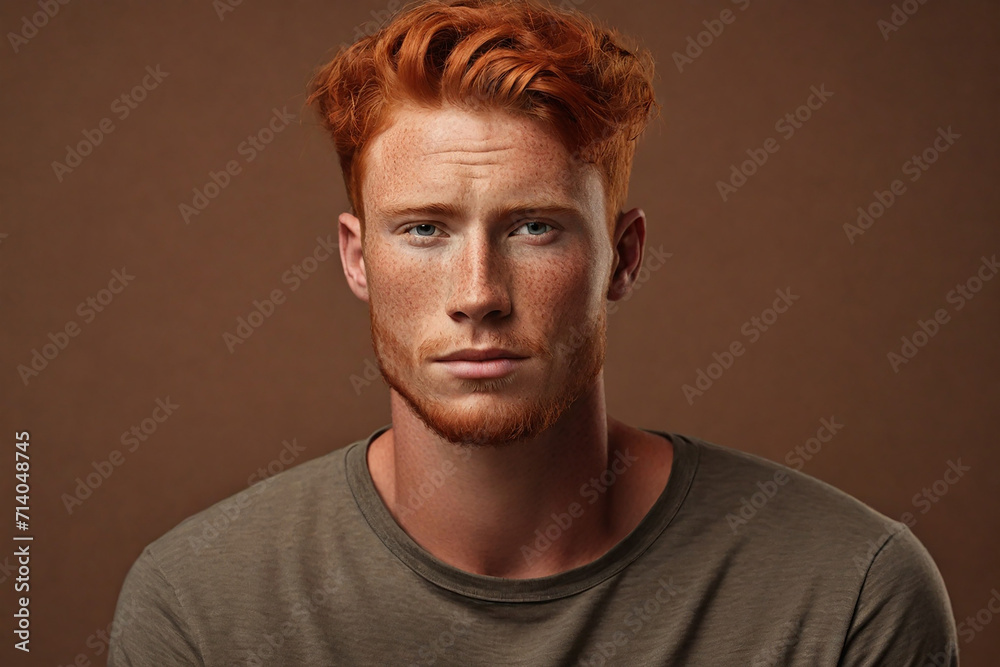 Portrait of a redhead man with freckles on his face - obrazy, fototapety, plakaty 