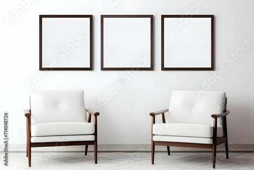 interior with white walls with white wooden chairs and three mockup blank picture frames