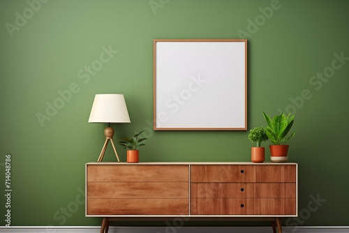 wall with empty mockup in wooden frame over wooden table with potted plant & lamp.