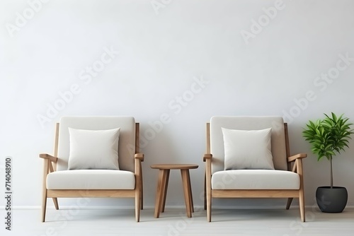 mockup picture in minimalist bright interior with armchair, small table & plant