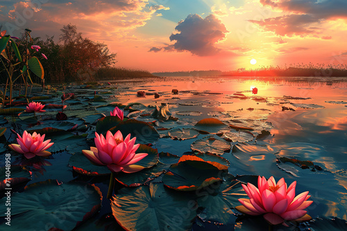 sunset over the Lotus Pond illustration, beautiful white pink lotus and water lily pad, sunset over the lake, beautiful lotus flowers in the lake over sunset sky, Ganerative AI
