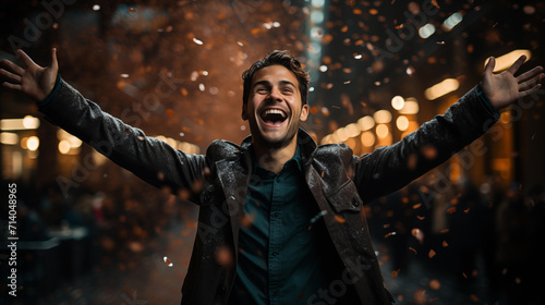 Happy man laughing in snow among confetti.