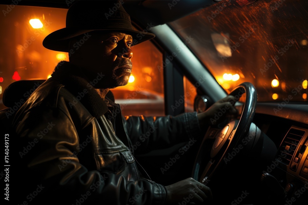 A mysterious man, wearing a hat and driving his car through the dark streets of the night, his human face hidden in the shadows of the indoor vehicle