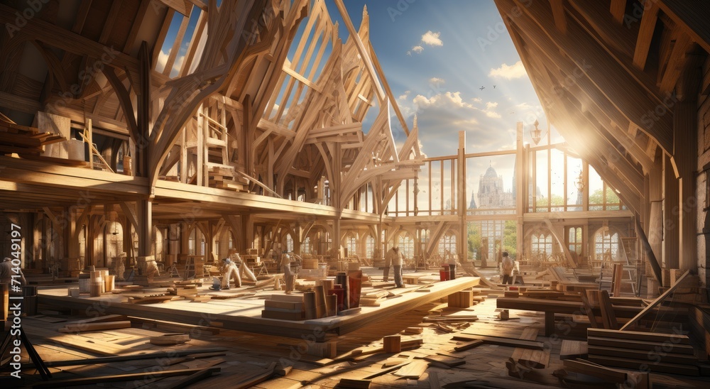 Against a clear blue sky, a towering wooden structure rises from the ground, each beam carefully placed in the ongoing construction, surrounded by scattered lumber and floating clouds - obrazy, fototapety, plakaty 
