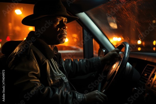 A mysterious man, wearing a hat and driving his car through the dark streets of the night, his human face hidden in the shadows of the indoor vehicle © Larisa AI