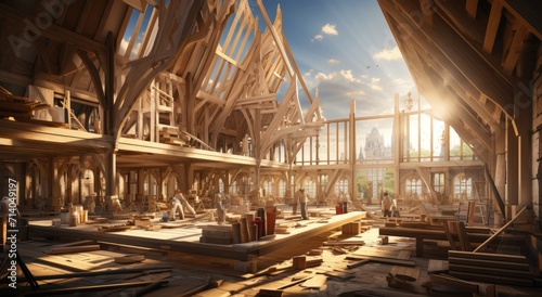Against a clear blue sky, a towering wooden structure rises from the ground, each beam carefully placed in the ongoing construction, surrounded by scattered lumber and floating clouds photo