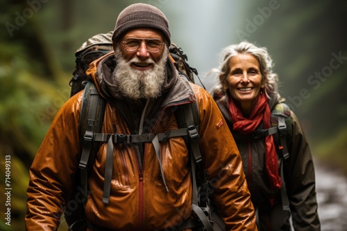 A rugged man with a bushy beard stands proudly in the woods, his jacket blending seamlessly with the surrounding nature, as he and his companion embark on a journey through the great outdoors