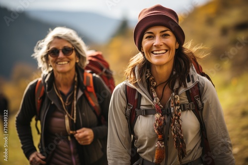 A group of smiling women, clad in fashionable jackets and scarves, stand against the backdrop of a stunning mountain range, ready to conquer their hike