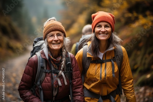 A group of women embrace the chilly mountain air  standing confidently in their jackets and scarves  their smiling faces a testament to the beauty of the fall foliage surrounding them as they pose fo