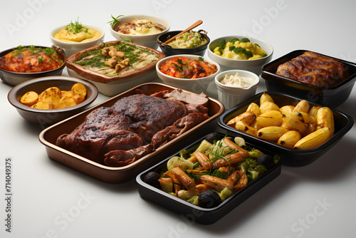 Various oven baked foods, meats and vegetables in bowls and trays