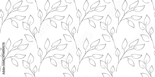 Seamless monochrome vector pattern with branches and foliage, hand-drawn. For print, packaging, wallpaper, banner, web design