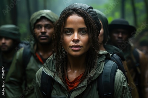 Amidst the downpour, a man in a military uniform stands with a stoic expression, his jacket drenched and his comrades huddled together, all united by the elements and their shared mission