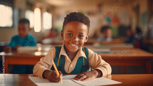 Smiling african boy sitting at desk in class room and looking at camera. Portrait of young black schoolboy studying with classmates in background. Happy smiling pupil writing on notebook.  photo