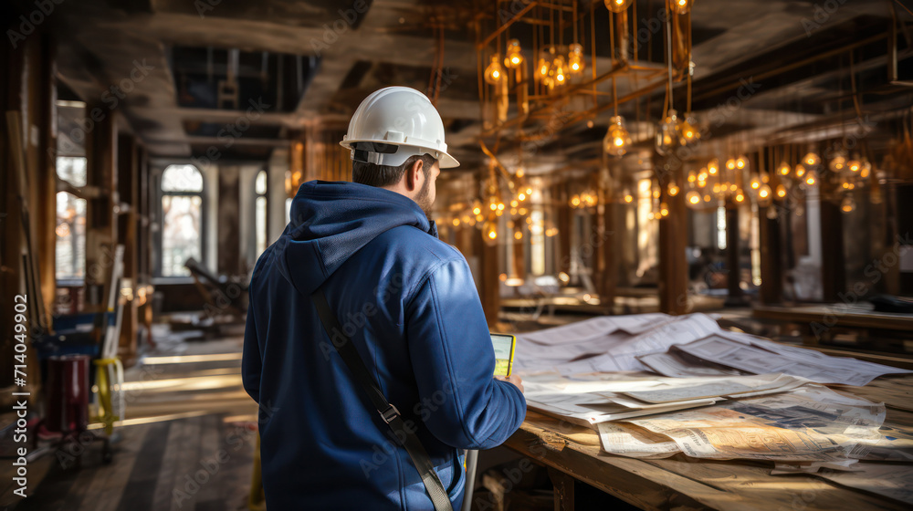 A skilled craftsman contemplating a project in a warmly lit workshop environment