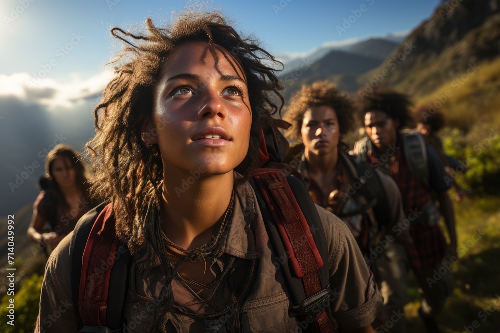 A woman's determined expression meets the vast sky as she treks through the rugged mountains, her outdoor clothing blending seamlessly with the natural surroundings, accompanied by a group of fellow 