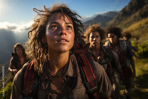 A woman's determined expression meets the vast sky as she treks through the rugged mountains, her outdoor clothing blending seamlessly with the natural surroundings, accompanied by a group of fellow 
