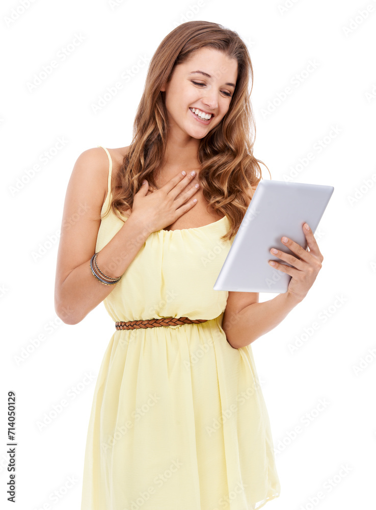 Young, happy and woman with tablet in studio, digital network and networking with technology on social media. Person, smile and online subscription for streaming and connected by white background Young, happy and woman with tablet in studio, digital network and networking with technology on social media. Person, smile and online subscription for streaming and connected by white background