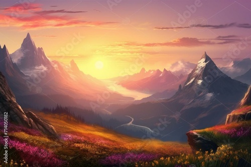 Illustration of alpine scenery, blooming plateaus, snow-covered mountains in the distance, sunset. Generative AI