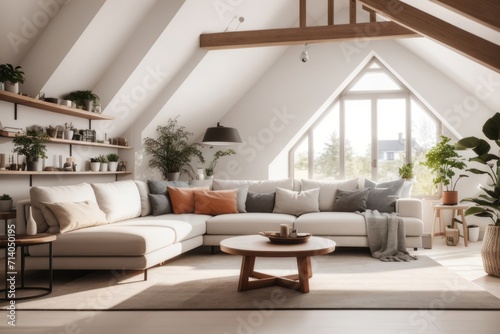 scandinavian farmhouse interior home design of modern living room with corner sofa and table with shelves on the wall in the attic of the house