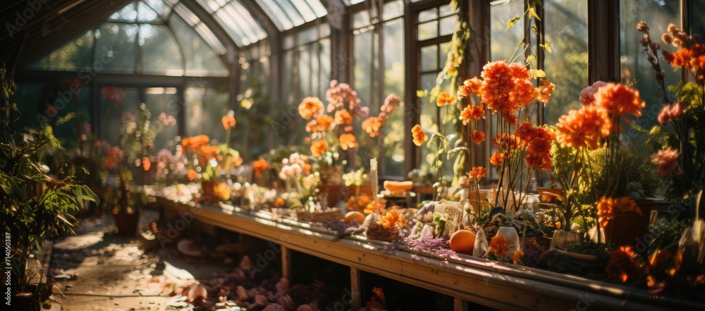 A colorful array of delicate flowers bloom inside the tranquil sanctuary of a greenhouse, their vibrant petals basking in the warm glow of sunlight streaming through the windows of the indoor garden