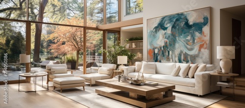 A cozy living room featuring a striking painting adorning the wall above a sleek coffee table, with a comfortable couch and loveseat for relaxing and a stylish studio couch doubling as a sofa bed for © Larisa AI