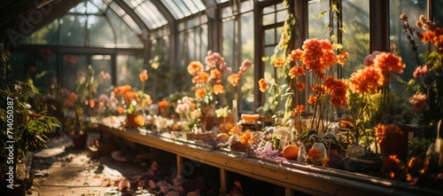 A colorful array of delicate flowers bloom inside the tranquil sanctuary of a greenhouse, their vibrant petals basking in the warm glow of sunlight streaming through the windows of the indoor garden