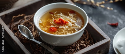 Traditional Chinese medicine: Bird's nest soup with herbs, goji berries, and jujube served in a white bowl on a tray with edible bird's nest. photo