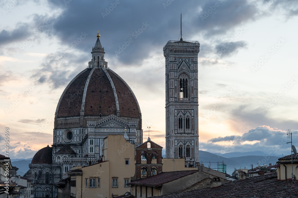 Sunrise rooftop panorama with famous Florence Duomo cathedral, Italy, Europe