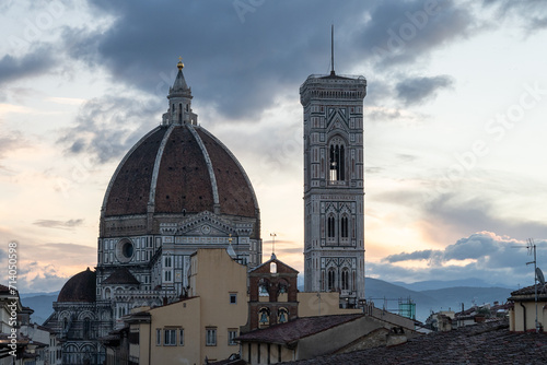 Sunrise rooftop panorama with famous Florence Duomo cathedral, Italy, Europe