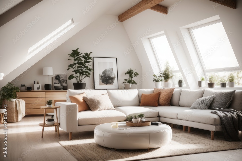 Fototapeta premium scandinavian farmhouse interior home design of modern living room with corner sofa and table with shelves on the wall in the attic of the house