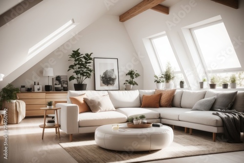 scandinavian farmhouse interior home design of modern living room with corner sofa and table with shelves on the wall in the attic of the house © Basileus