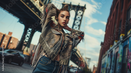 A young, fashion-forward woman poses with flair on a street lined with vibrant graffiti, under the urban silhouette of a city bridge. 