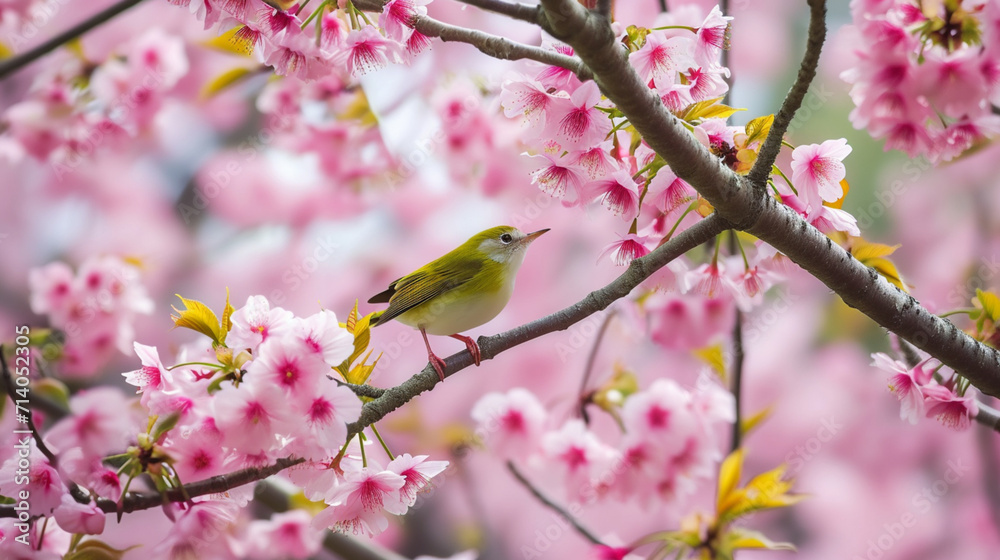 Spring background. Cherry Blossoms, Kawazu-Zakura, Cerasus Lannesiana Carrière With Birds. Copy paste area for texture Spring background. Cherry Blossoms, Kawazu-Zakura, Cerasus Lannesiana Carrière With Birds. Copy paste area for texture