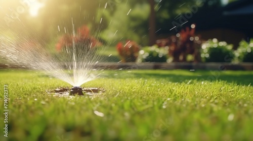 Automatic lawn sprinkler watering green grass. Sprinkler with automatic system. Garden irrigation system watering lawn. Water saving or water conservation from sprinkler system