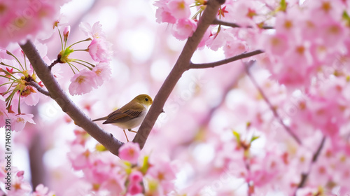 Spring background. Cherry Blossoms, Kawazu-Zakura, Cerasus Lannesiana Carrière With Birds. Copy paste area for texture