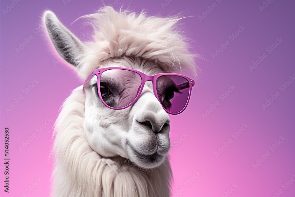 Trendy llama wearing stylish sunglasses poses with energetic vibe against solid pastel backdrop