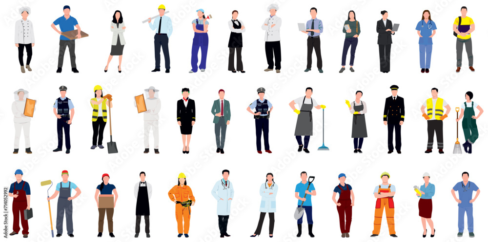 Collection of men and women of various occupations or profession wearing professional uniform- construction worker, farmer, chef, waiter, cleaner, businessman, delivery. Realistic vector illustration.