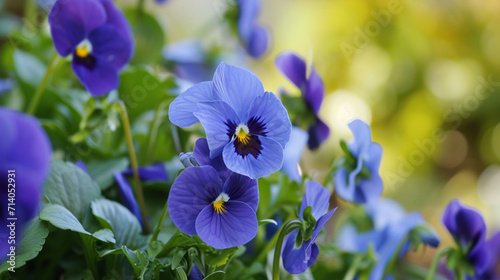 Spring background. Close Up Of Some Blue Pansy Flowers Are Moving In Spring. Copy paste area for texture 