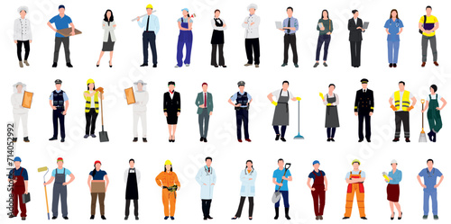 Collection of men and women of various occupations or profession wearing professional uniform- construction worker, farmer, chef, waiter, cleaner, businessman, delivery. Realistic vector illustration.