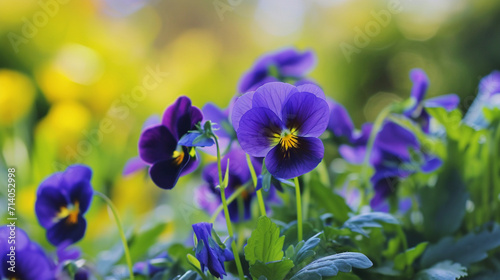 Spring background. Close Up Of Some Blue Pansy Flowers Are Moving In Spring. Copy paste area for texture 
