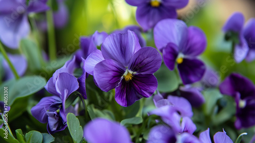 Spring background. Close Up Of Some Purple Pansy Flowers. Copy paste area for texture 