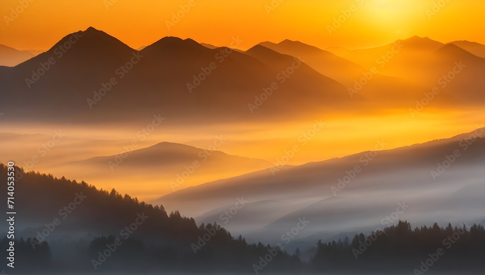 Sunrise over the misty mountains