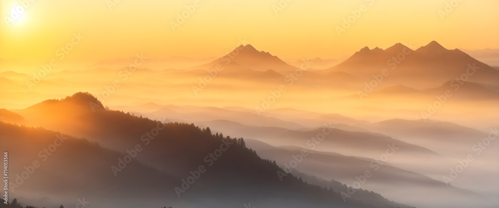 Panoramic view of sunset over the misty mountains