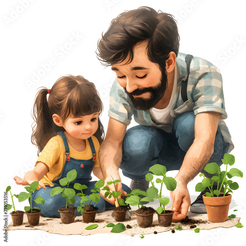 Family gardening together isolated on white background, hyperrealism, png 