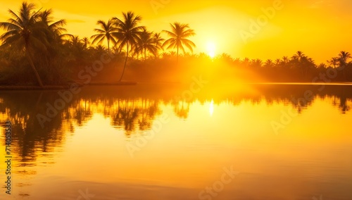 Sunset on the tropical island. Beautiful landscape of golden sunlight over water.