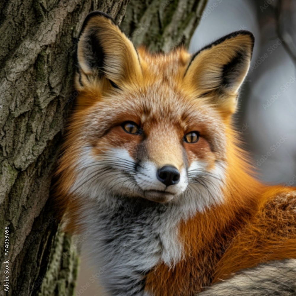 Obraz premium Portrait of a beautiful red fox against a tree background. Wild animals in the wild.
